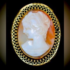 Vintage Cameo Carved Shell Pin or Necklace Rare Left Facing filigree Design